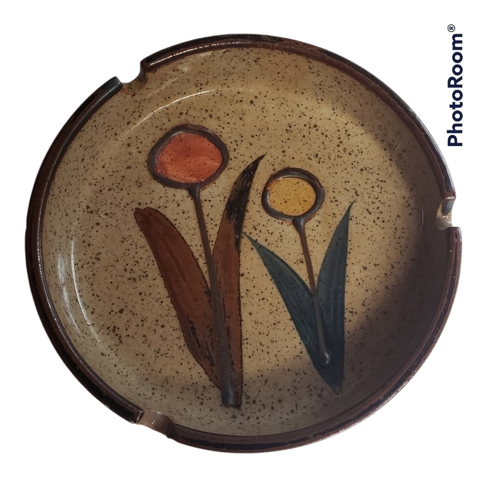 Mcm Art Pottery Tulip Ashtray Trinket Dish Speckled Glaze Abstract Floral
